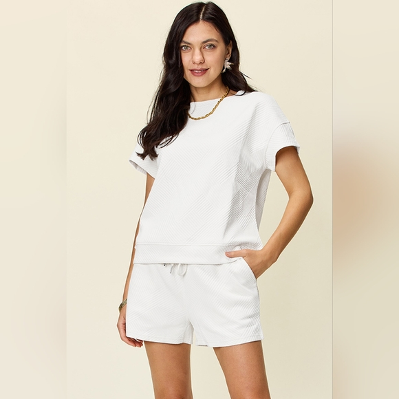 Double Take Full Size Texture Short Sleeve Top and Drawstring Shorts Set - Picture 1 of 5